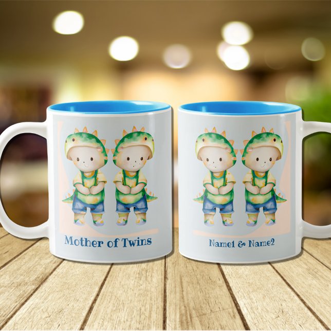 Dino Mother of Boy Twins Personalized Blue Two-Tone Coffee Mug (Creator Uploaded)