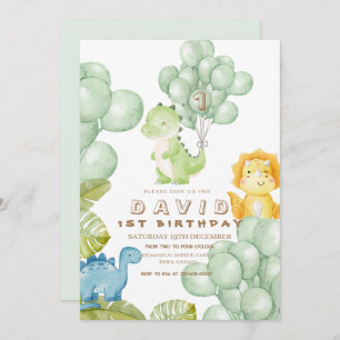 Dino Party 1st Birthday Watercolor Balloons Invitation