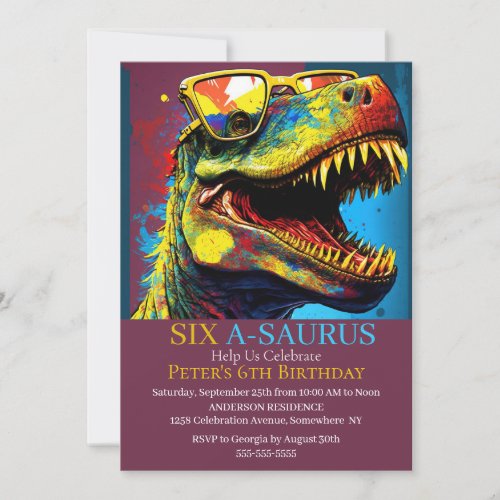Dino Party 6th Dinosaur Birthday Invitation