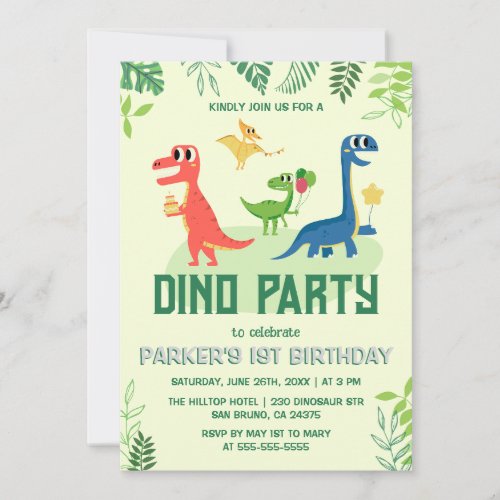 Dino Party  A Colorful and Cute First Birthday Invitation