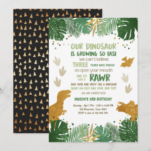 Dino Party Boy Green and Gold Dinosaur Birthday Invitation