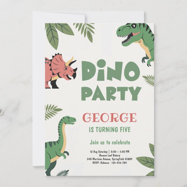 Dino Party Cute Dinosaur 5th Birthday Party Invitation (Front)