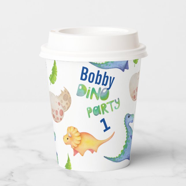 Dino Party Cute Dinosaur Birthday Boy Name Age Sip Paper Cups (Back)