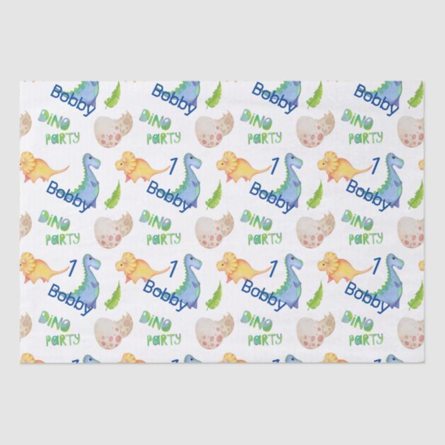 Dino Party Cute Dinosaur Birthday Boy Name & Age Tissue Paper (Front)