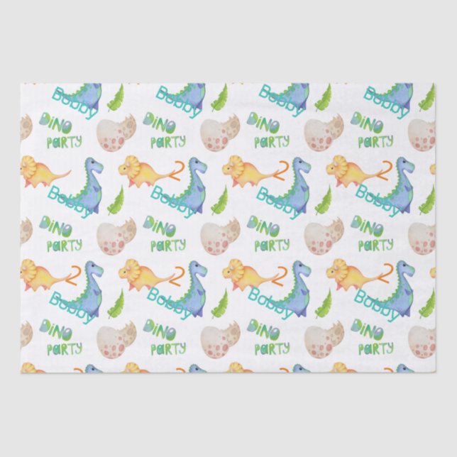 Dino Party Cute Dinosaur Birthday Boy Name & Age Tissue Paper (Front)