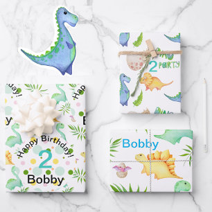 Dino Party Cute Dinosaur Birthday Boy Name & Age W Wrapping Paper Sheets