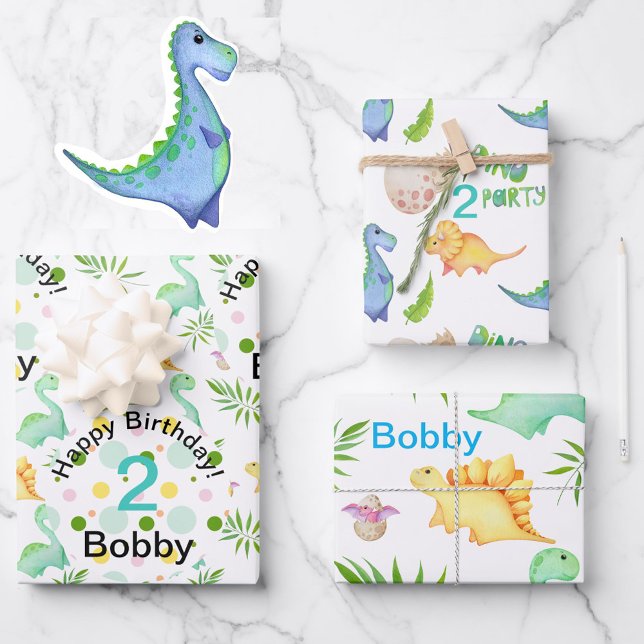Dino Party Cute Dinosaur Birthday Boy Name & Age W Wrapping Paper Sheets (Creator Uploaded)