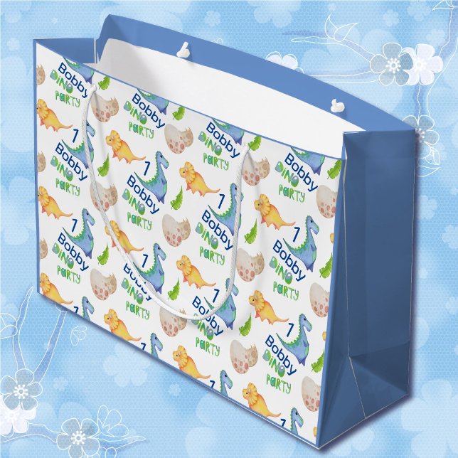 Dino Party Cute Dinosaur Birthday Boy Personalize  Large Gift Bag (Creator Uploaded)