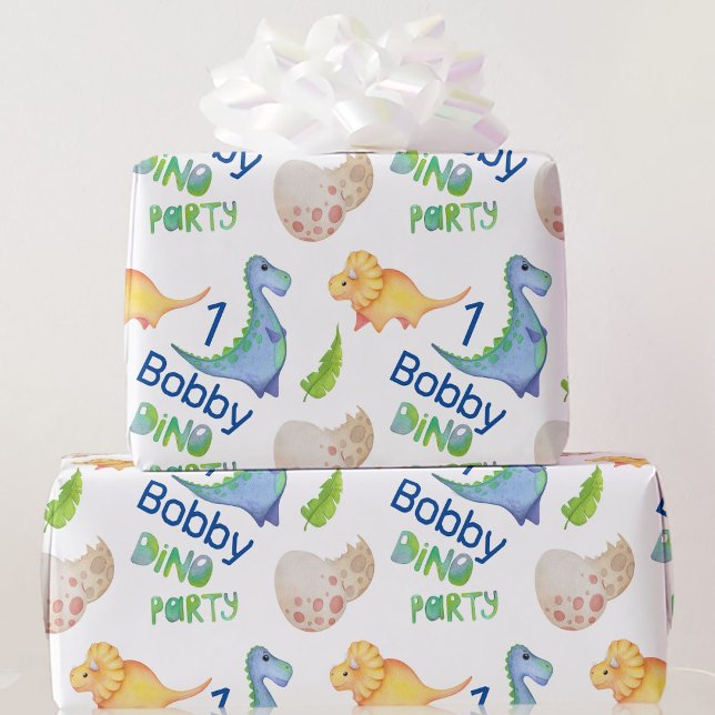 Dino Party Cute Dinosaur Birthday Boy Personalize Wrapping Paper (Creator Uploaded)