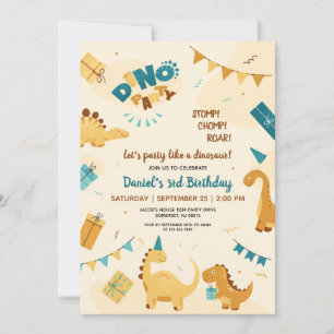 Dino Party. Cute Dinosaurs 3rd Birthday Invitation
