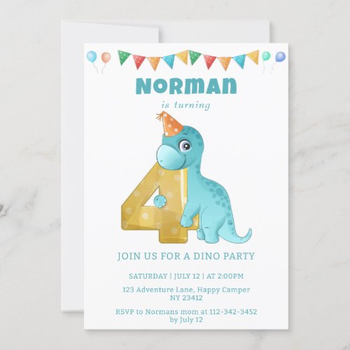 Dino Party  Cute Dinosaurs 4th Birthday Invitation