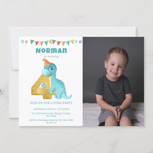 Dino Party  Cute Dinosaurs 4th Birthday Photo Invitation