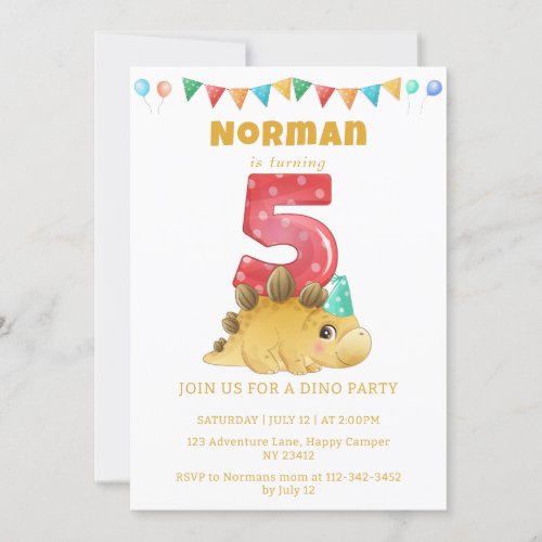 Dino Party  Cute Dinosaurs 5th Birthday Invitation