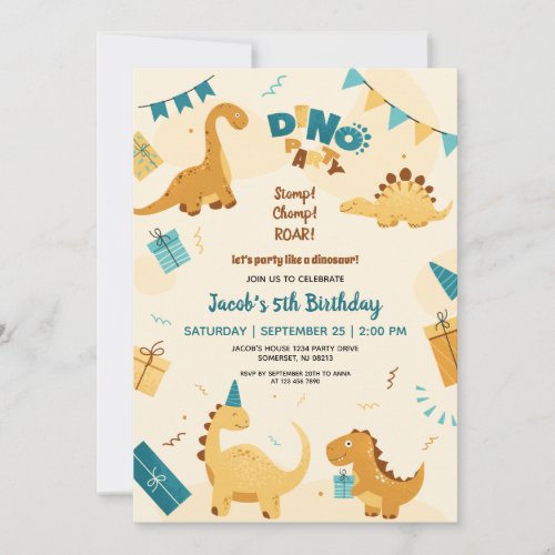 Dino Party Cute Dinosaurs 5th Birthday Invitation