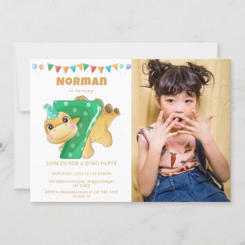 Dino Party  Cute Dinosaurs 7th Birthday Photo Invitation