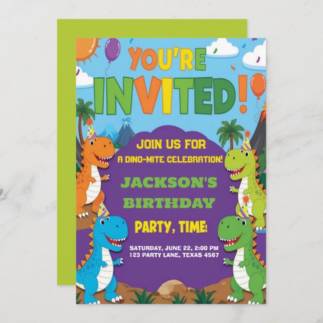 Dino Party | Cute Dinosaurs  Birthday  Invitation (Front/Back)