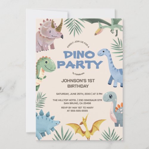 Dino Party  Cute Dinosaurs First Birthday Invitat Invitation