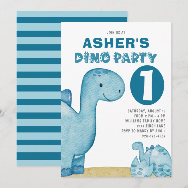 Dino Party Cute Dinosaurs First Birthday Invitation (Front/Back)