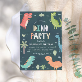 Dino Party Cute Dinosaurs First Birthday Invitation