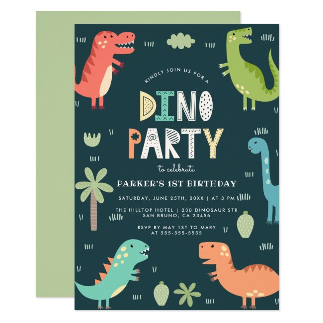 Dino Party | Cute Dinosaurs First Birthday Invitation