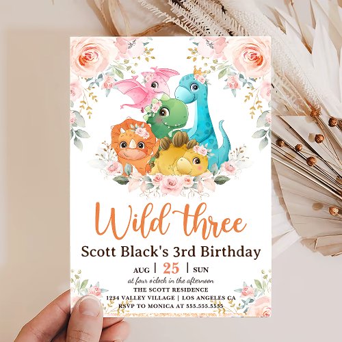 Dino Party  Cute Dinosaurs Third Birthday Invitation