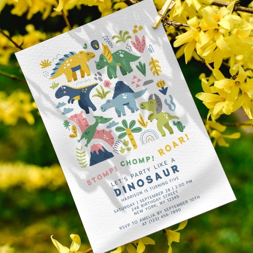 Dino Party Cute Modern Dinosaurs Fifth Birthday Invitation