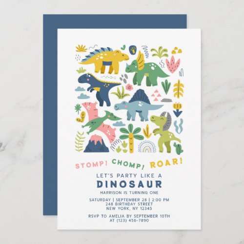 Dino Party Cute Modern Dinosaurs First Birthday Invitation