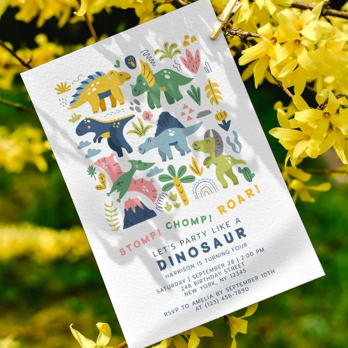 Dino Party Cute Modern Dinosaurs Fourth Birthday Invitation