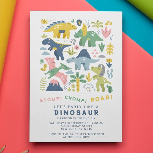 Dino Party Cute Modern Dinosaurs Sixth Birthday Invitation