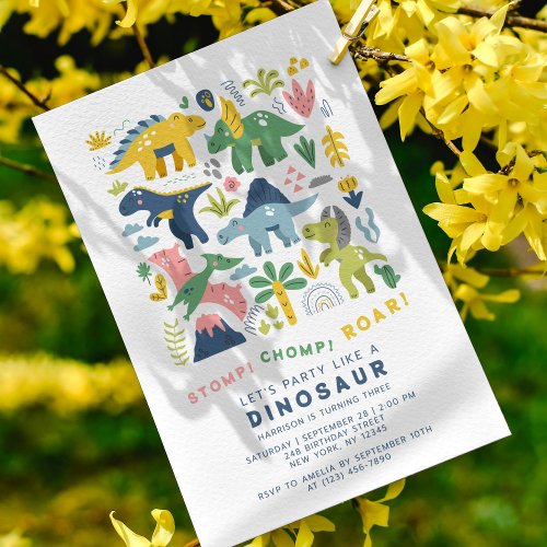 Dino Party Cute Modern Dinosaurs Third Birthday Invitation