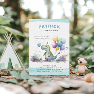 Dino Party Cute Watercolor Boy Blue Birthday Invitation