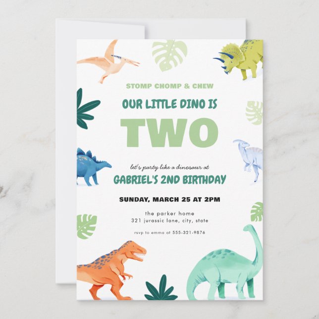 Dino Party Dinosaur Second Birthday Invitation (Front)