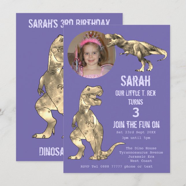 Dino Party Dinosaur T Rex Girl 3rd Birthday Purple (Front/Back)