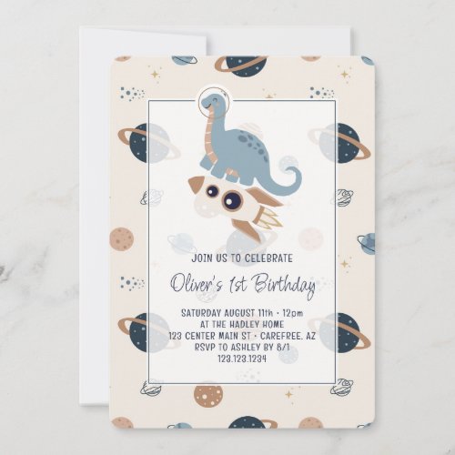 Dino Party Dinosaurs Outerspace 1st Birthday Invitation