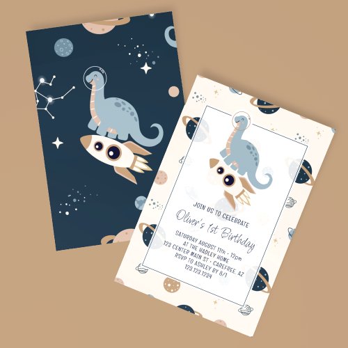 Dino Party Dinosaurs Outerspace 1st Birthday Invitation