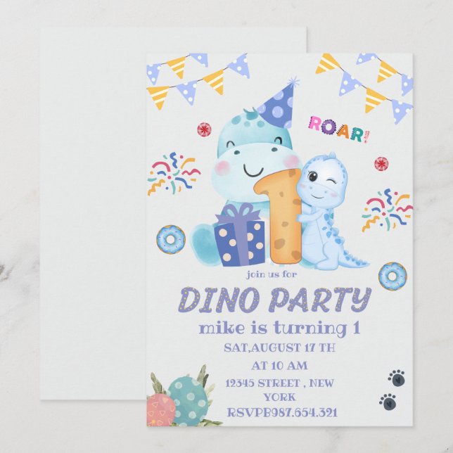 Dino Party first birthday cute dinosaurs  Invitation (Front/Back)
