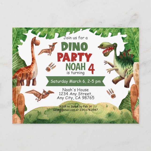 Dino Party Jungle 4th Birthday Invitation Postcard (Front)