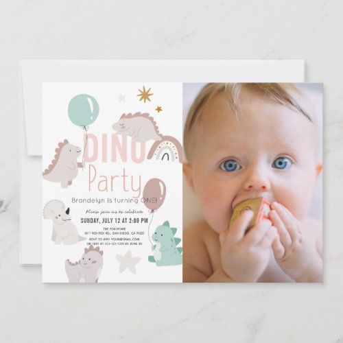 Dino Party Pink Dinosaur Girl 1st Birthday Invitation