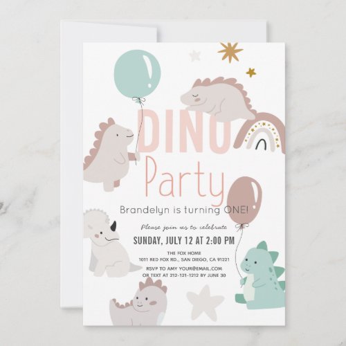 Dino Party Pink Dinosaur Girl 1st Birthday Invitation