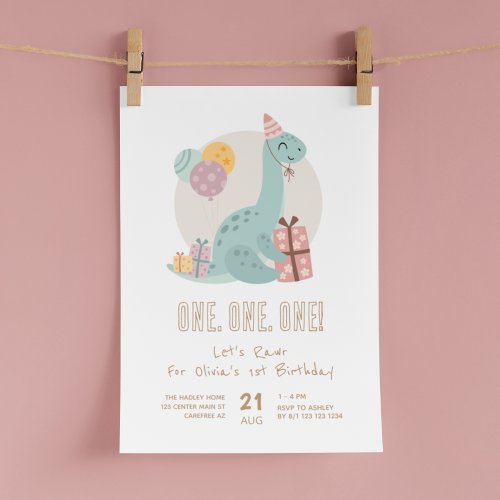 Dino Party Rawr Cute 1st Birthday Invitation