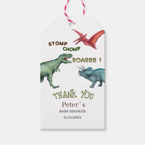 Dino Party stomp chomp roar  baby shower thank you Gift Tags