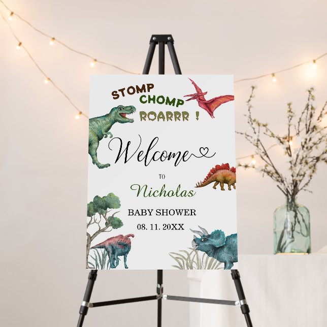 Dino party stomp chomp roar baby shower welcome foam board (In Situ (Stand))