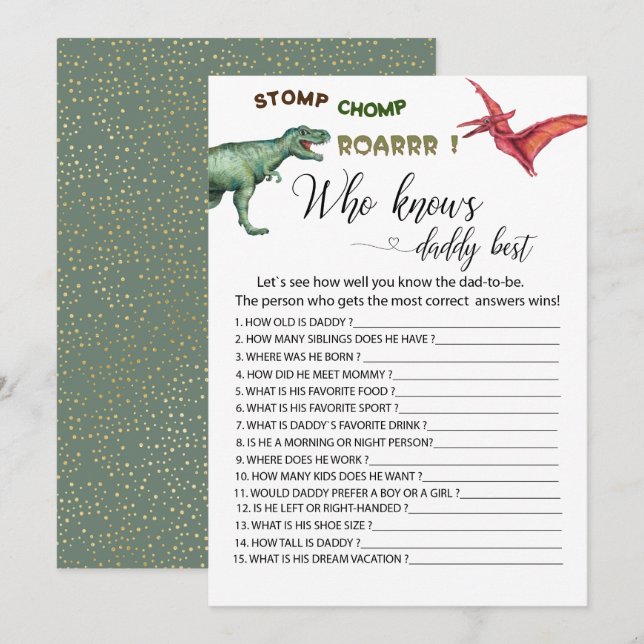 Dino Party stomp chomp roar games who knows daddy  Invitation (Front/Back)