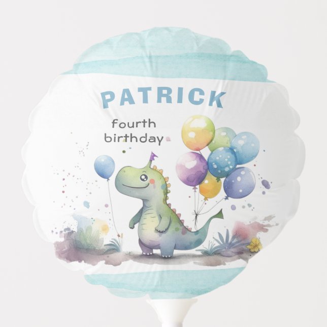 Dino Party Watercolor Boy Blue Birthday Balloon (Front)