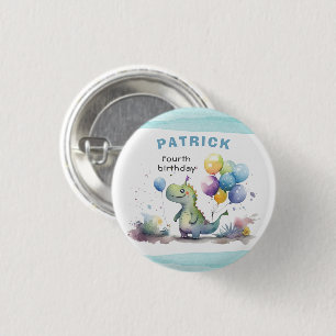 Dino Party Watercolor Boy Blue Birthday Button