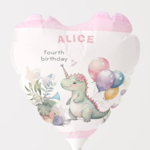 Dino Party Watercolor Girl Pink Birthday Balloon