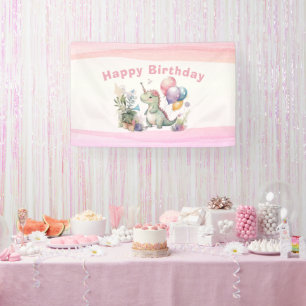 Dino Party Watercolor Girl Pink Birthday Banner