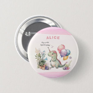 Dino Party Watercolor Girl Pink Birthday Button