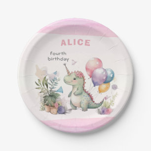 Dino Party Watercolor Girl Pink Birthday Paper Plates