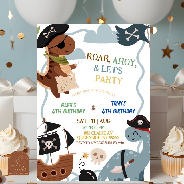 Dino Pirates Joint Birthday party invitation (Creator Uploaded)